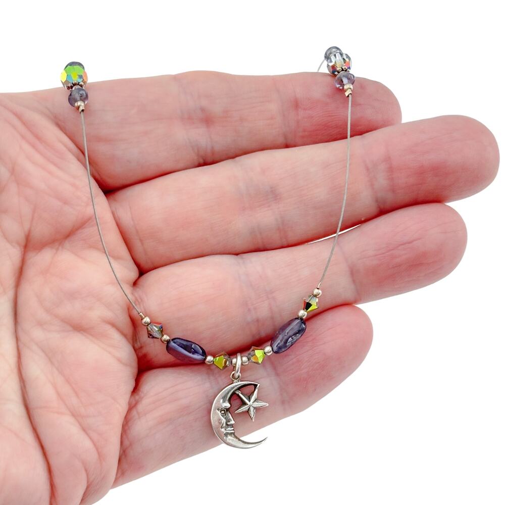 Vintage Sterling Silver 925 Amethyst Moon and Star Necklace 15"-17"